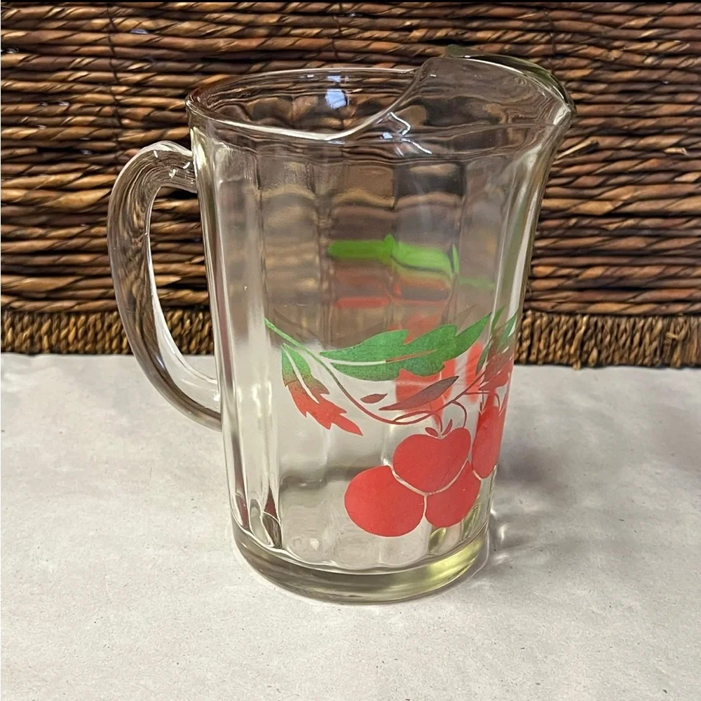 Vintage Glass Juice Ice Lip Pitcher With Cherry Motif